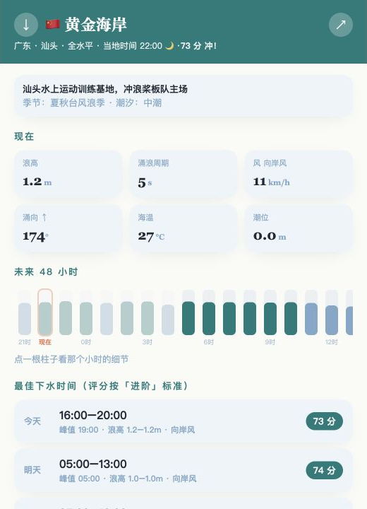 冲浪择日手机端页面，显示今天 16:00 至 20:00 的最佳下水时间和 73 分评分